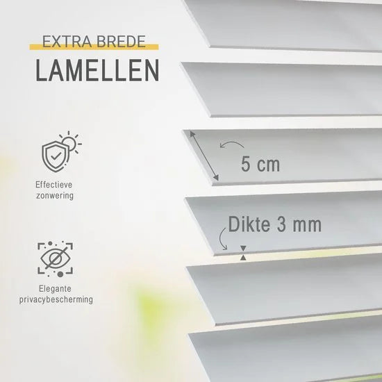 Sol Royal BE5 – Houten Jaloezieen Wit 50 mm Lamellen Extra Breed – 90x250 cm – Eenvoudige Montage aan Muur & Plafond – Echt Hout – Rolgordijn Raam &