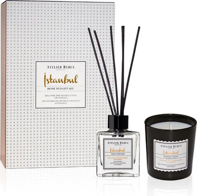 Atelier Rebul Istanbul Luxury Home Geschenkset - Geurstokjes (120ml) + Geurkaars (210g) - Houtig & Kruidige Geur - Cadeau voor Vrouw - Cadeau voor Man