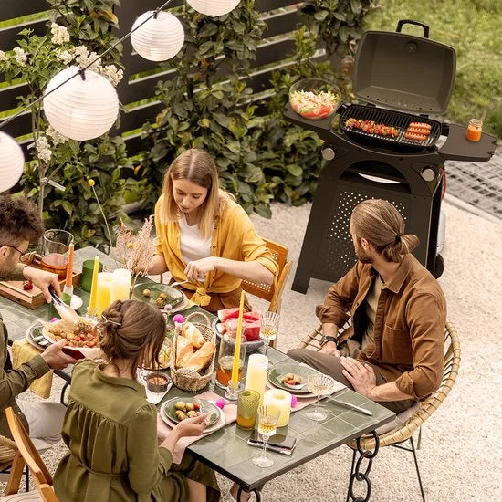 KitchenBrothers Gas BBQ - Staand en Tafelmodel Barbecue - 2 Branders - Tafelbarbecue - Anti-aanbaklaag - 37x48 cm Grilloppervlak - Zwart