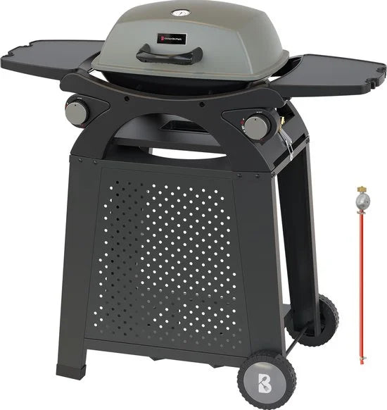 KitchenBrothers Gas BBQ - Staand en Tafelmodel Barbecue - 2 Branders - Tafelbarbecue - Anti-aanbaklaag - 37x48 cm Grilloppervlak - Zwart
