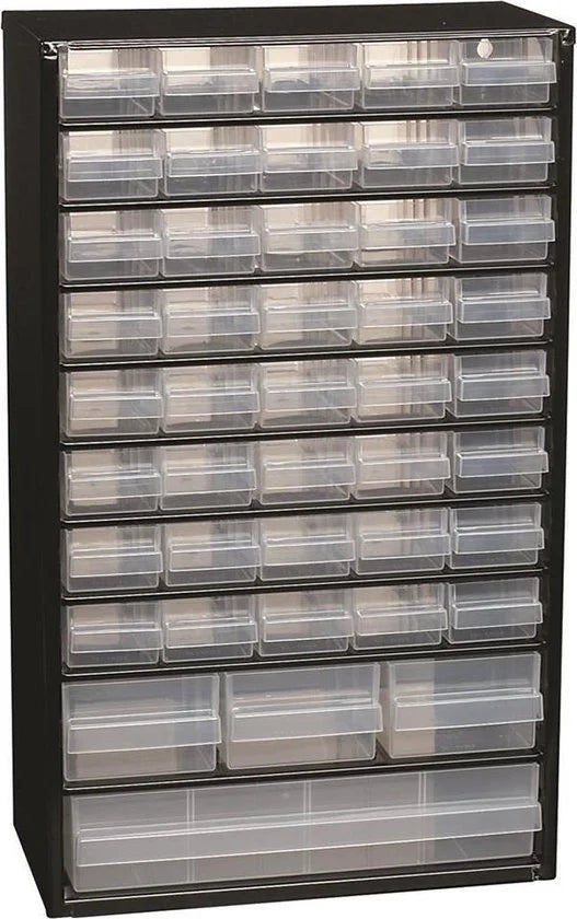 Raaco Ladekast met 44 lades - Metalen Assortimentskast - Opbergsysteem voor o.a. schroeven en bouten - Kan aan de muur bevestigd worden - Incl. 10 tu
