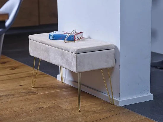 Scarlet Zitbank, gestoffeerde bank met fluwelen bekleding, opbergkist, rechthoekig, make-upbank met opbergruimte, metalen poten, crème, 75 x 30 x 41,