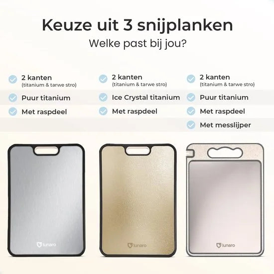 Lunaro 100% Titanium Snijplank Dubbelzijdig - PFAS-vrij - Cutting Board - Sapgeul - Met Raspdeel en Messenslijper