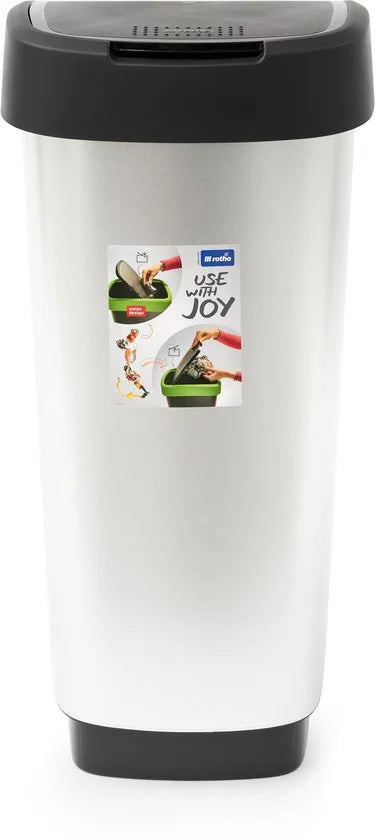Rotho Twist afvalbak met swingdesksel 50L - zilvermetaalkleurig - BPA-vrij - incl 6 sticker voor diverse afvalstromen