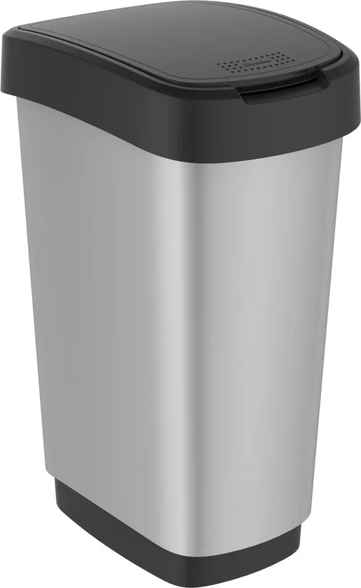 Rotho Twist afvalbak met swingdesksel 50L - zilvermetaalkleurig - BPA-vrij - incl 6 sticker voor diverse afvalstromen
