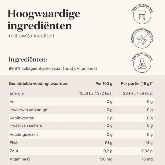Glow25® Collageen Origineel (450 gram) - met vitamine C - collageenpoeder - hoogwaardig Collageenhydrolysaat