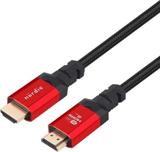 NÖRDIC HDMI-N1017 HDMI Ultra High Speed kabel - Gecertificeerd - 8K 60Hz - 48Gbps - Dynamische HDR eARC ondersteuning - HDMI 2.1 - 1.5m - Rood/Zwart
