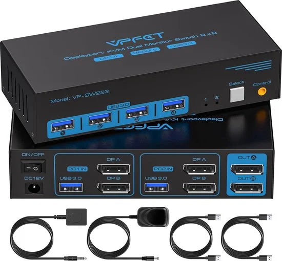 NÖRDIC KVM-152 KVM Switch - 2x2 DisplayPort1.4 - 8K60Hz 4K120Hz - 4xUSB-A 3.1 - 5Gbps