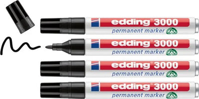edding 3000 permanent marker - zwart - 4 stiften - ronde punt 1,5-3 mm - water en wrijfvast - voor karton, kunststof, hout, metaal, etc. - alcohol ma