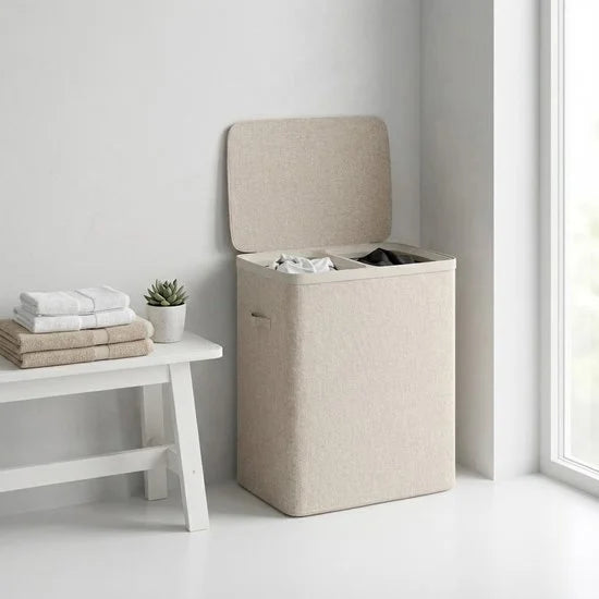 MAZAZU Wasmand 2 Vakken 100L – Deksel & Wassorteerder met Uitneembare Zakken - Beige