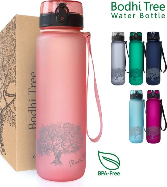 Bodhi Tree® Motivatie Waterfles 1 Liter - Tijdmarkeringen Nederlands - 100% Lekvrij - BPA vrij - Motivatiefles 1l - Motiverende Drinkfles - Roze